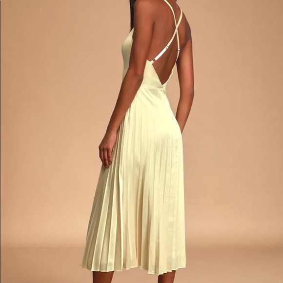 Lulus Champagne Satin Pleated Dress Small - Picture 2 of 5